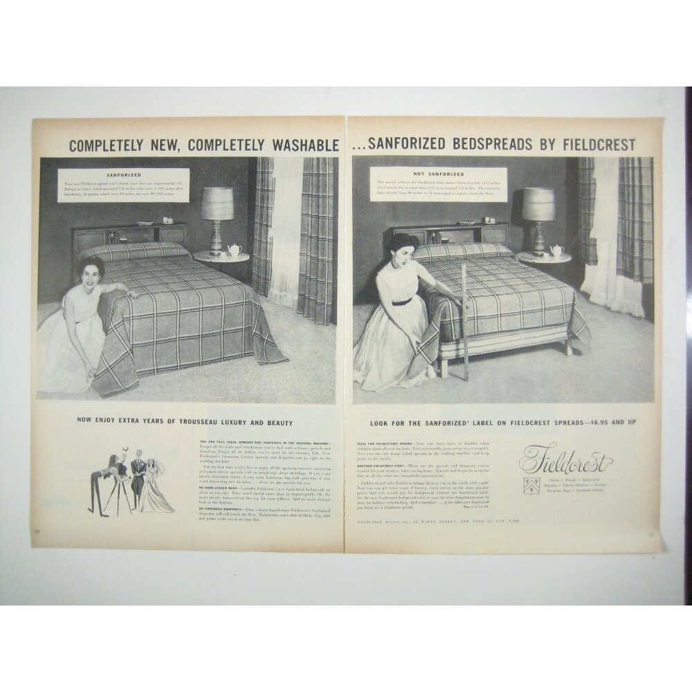 Vintage Fieldcrest Ad Sanforized Completely Washable Bedspreads 2 Page MOD Decor